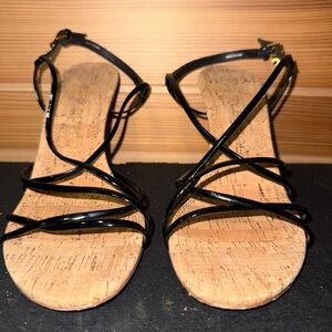 Tory Burch Black Patent Leather Strappy Wedge Sandals